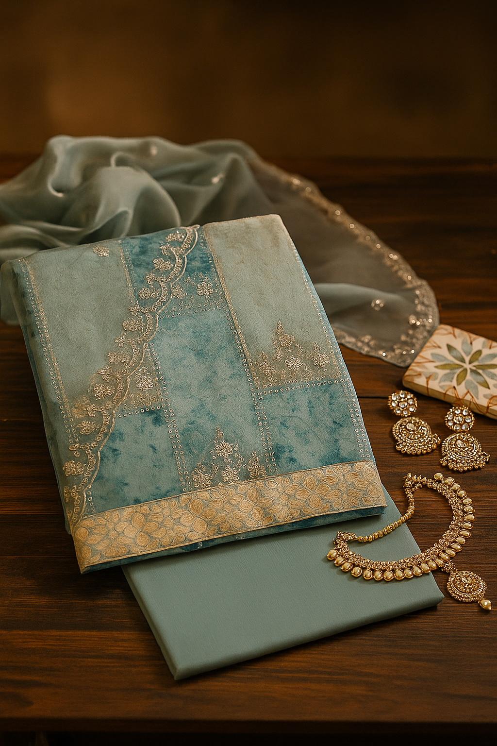 Sea green Organza Unstitched Salwar Suit