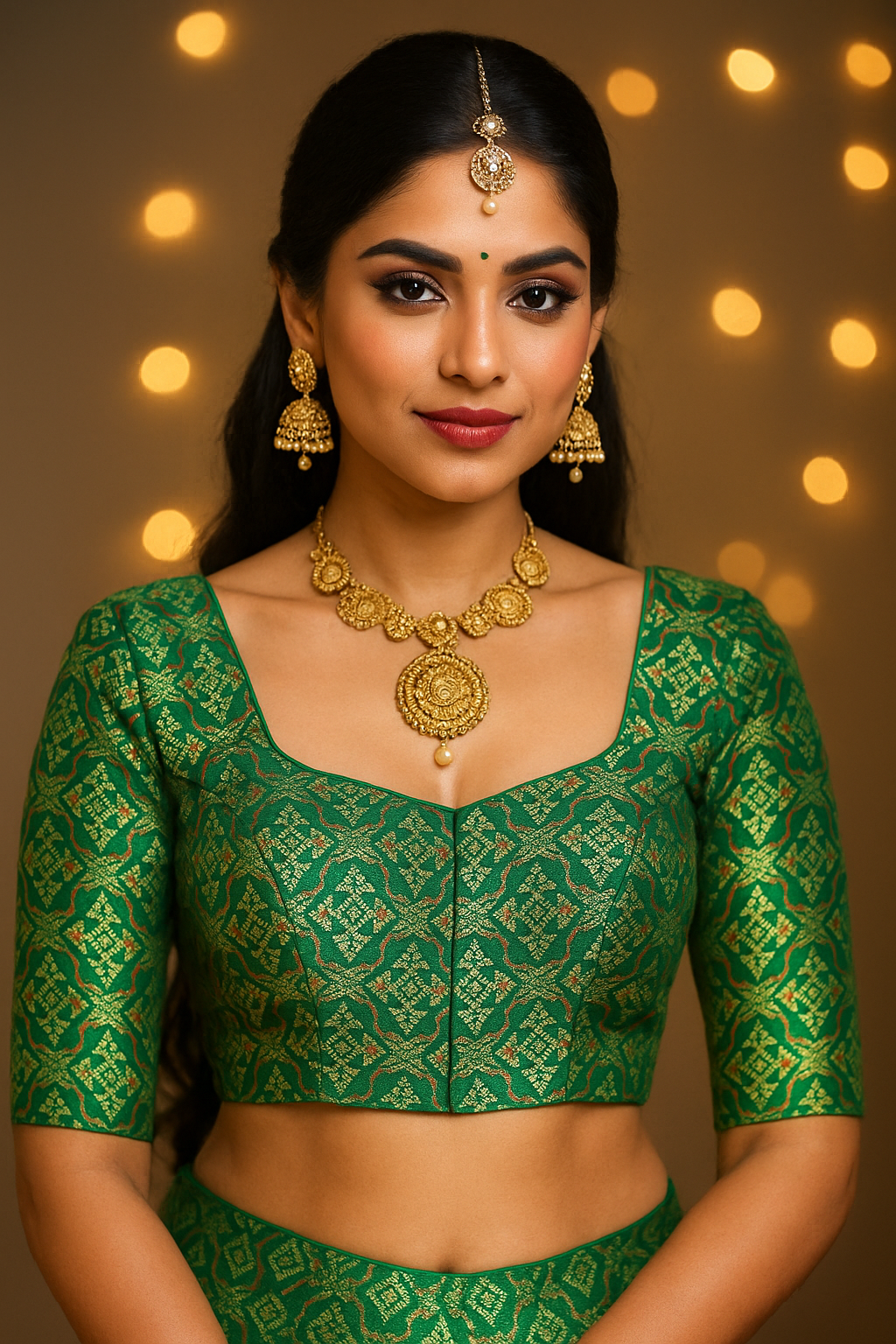 Green sequin elbow-sleeve blouse