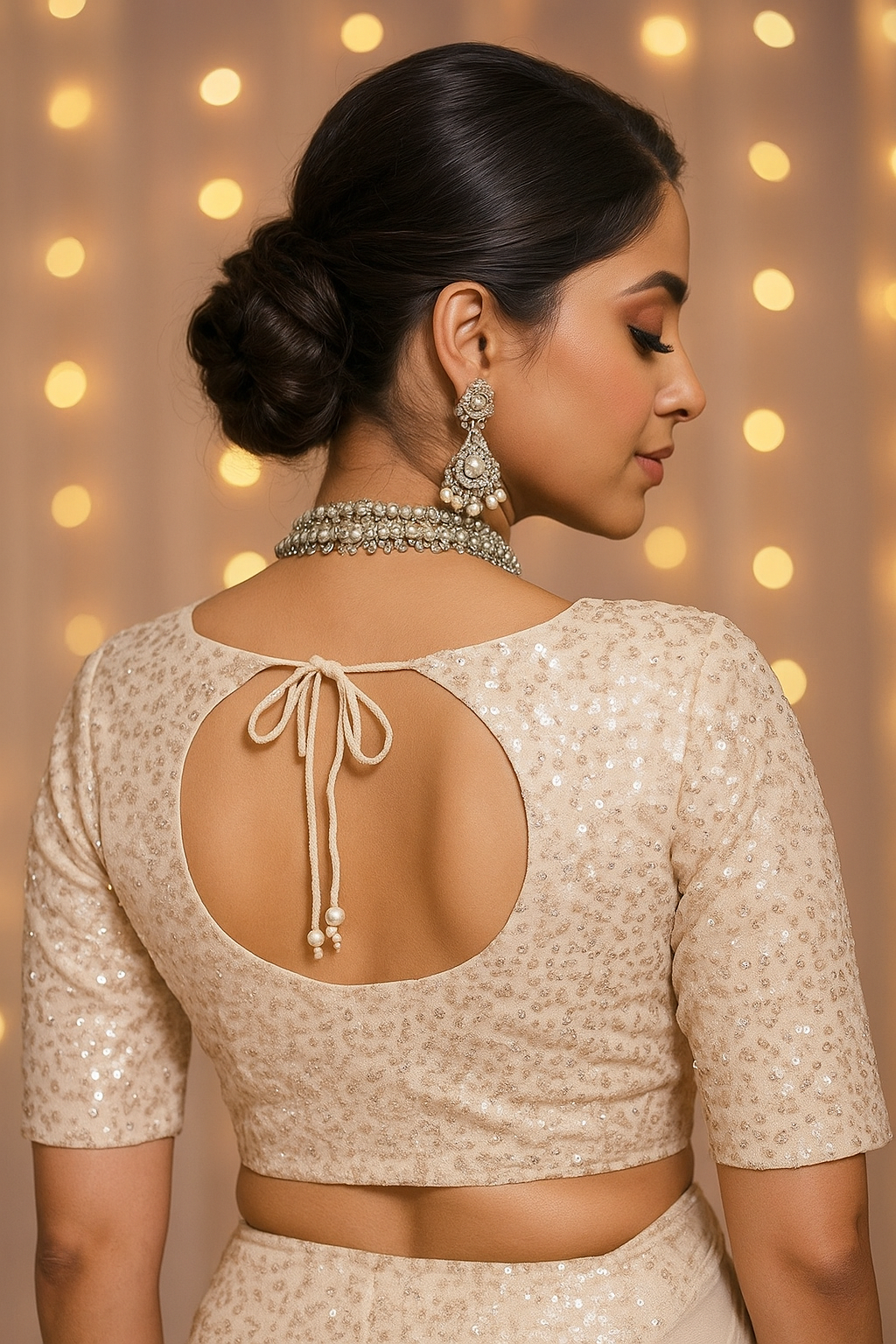 Beige sequin elbow-sleeve blouse