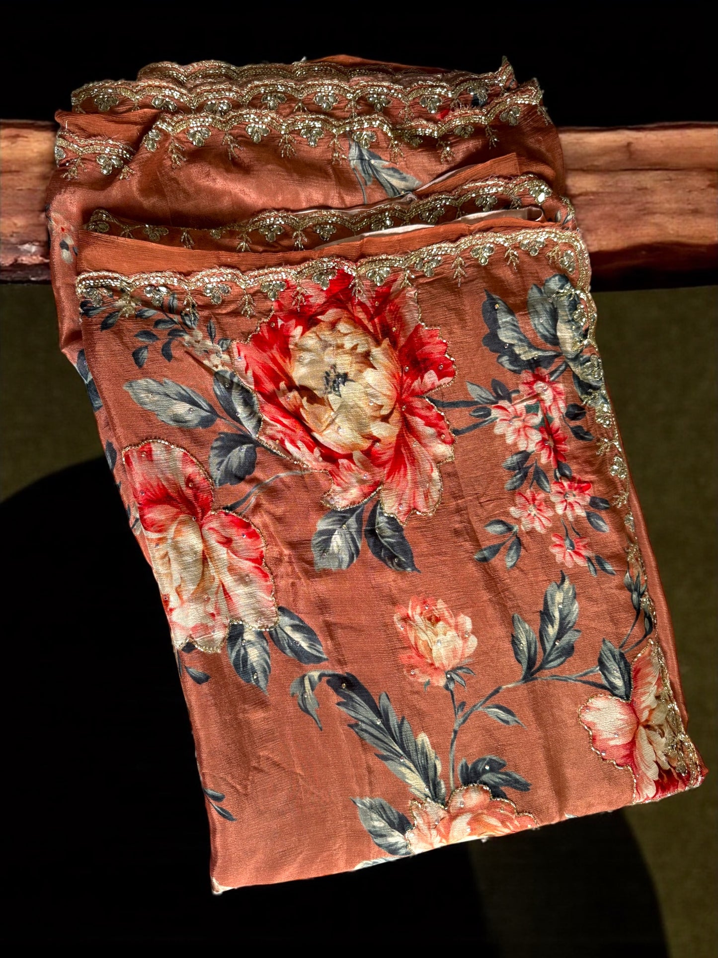 Rust Chiffon Silk Saree