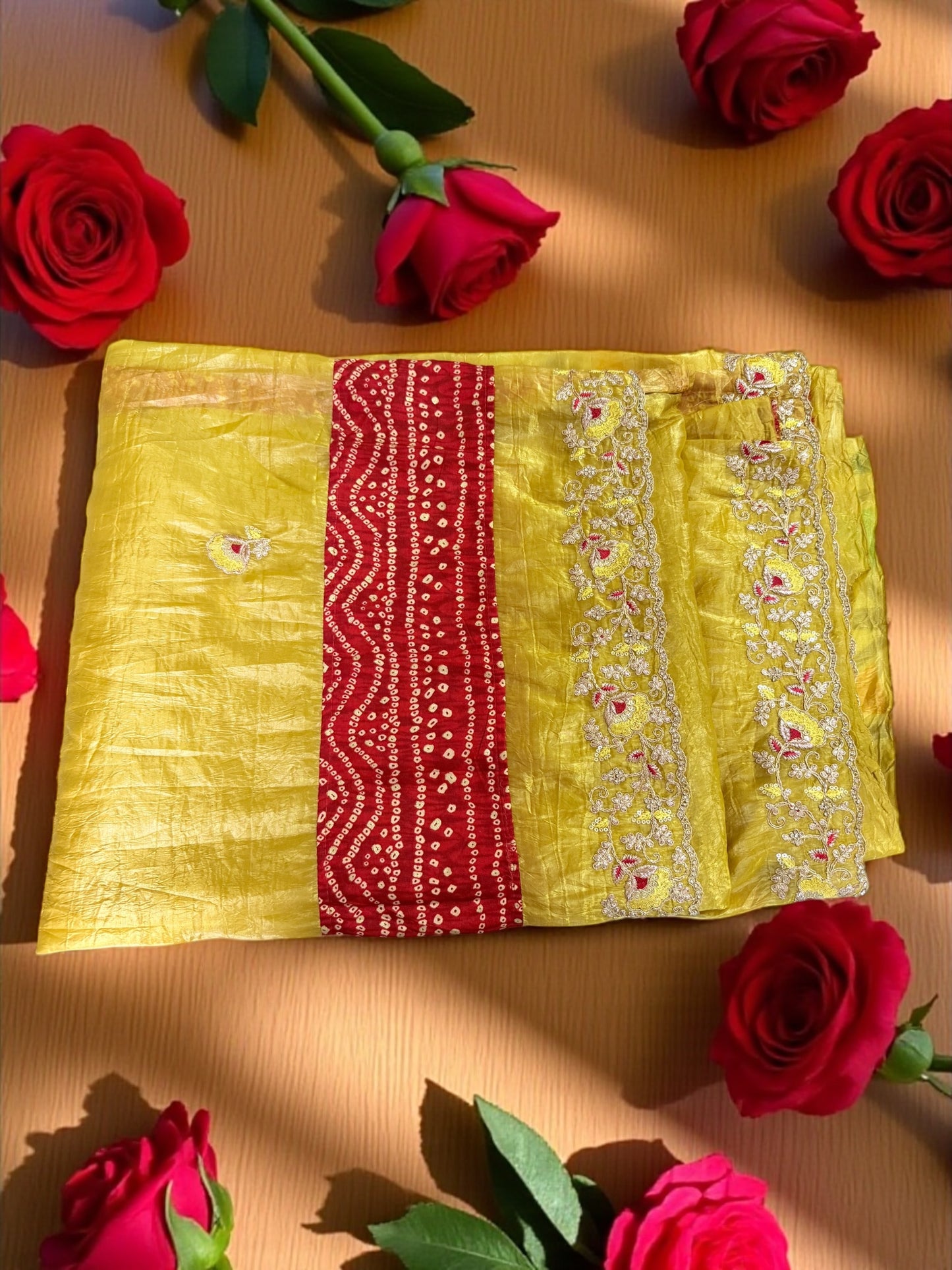 Mustard and Red Tissue Silk Saree