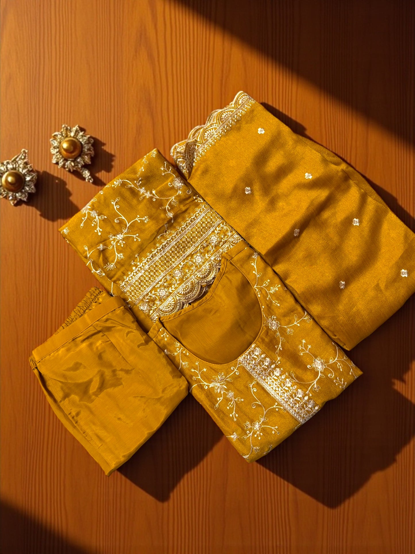 Mustard Yellow Silk Stitched Salwar Suit