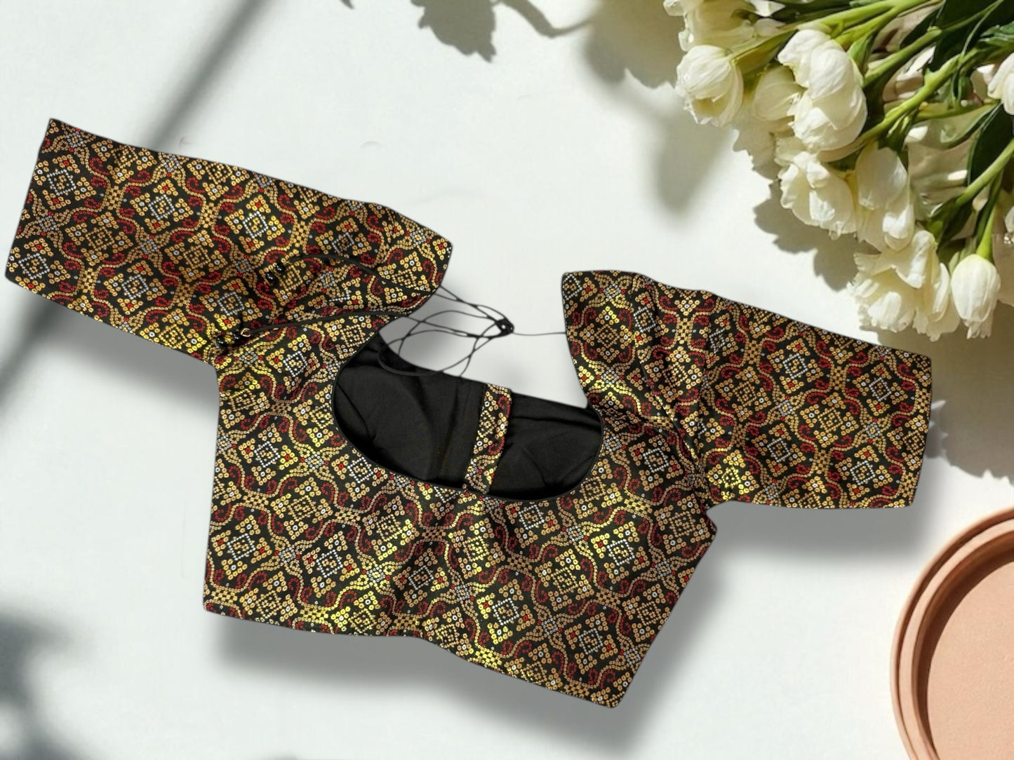 Black raw silk sleeved blouse
