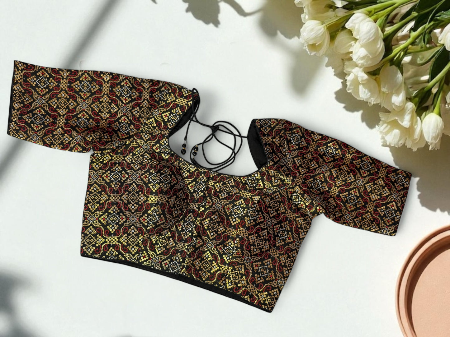 Black raw silk sleeved blouse