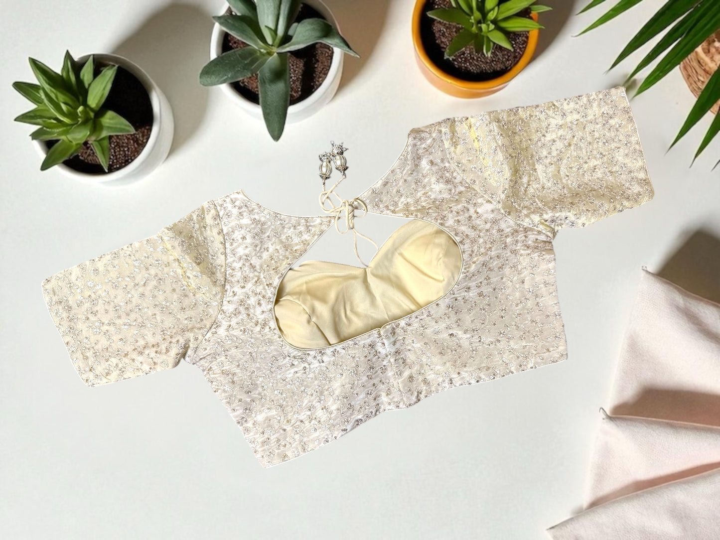 Beige sequin elbow-sleeve blouse