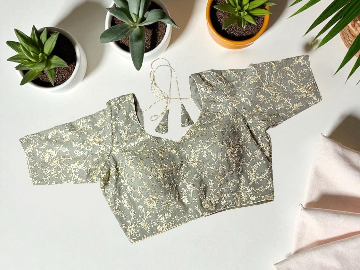 Dark gray floral embroidered blouse