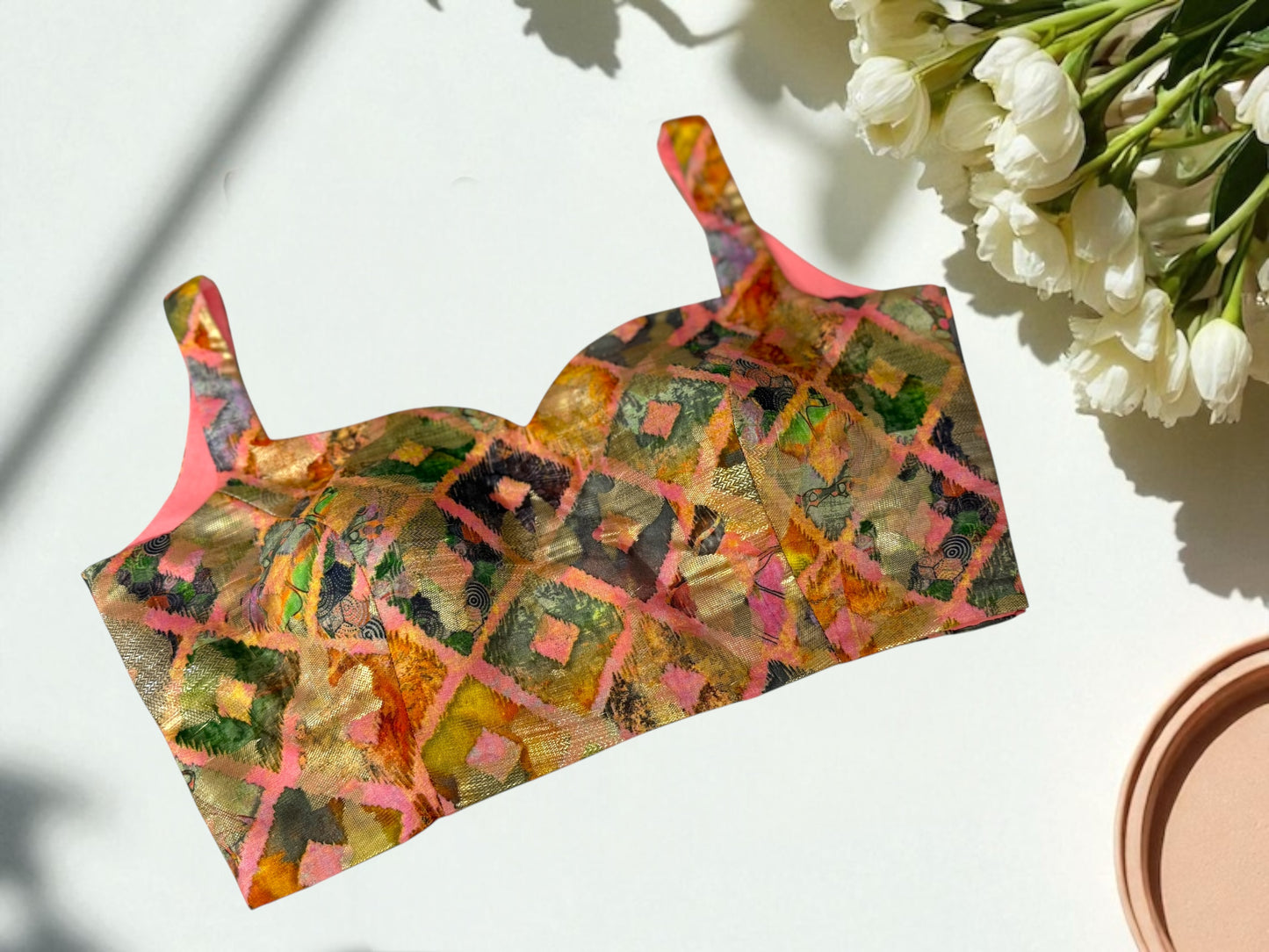 Pink multicolor diamond-print blouse