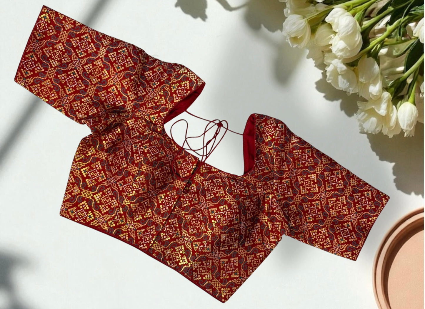 Maroon sequin elbow-sleeve blouse