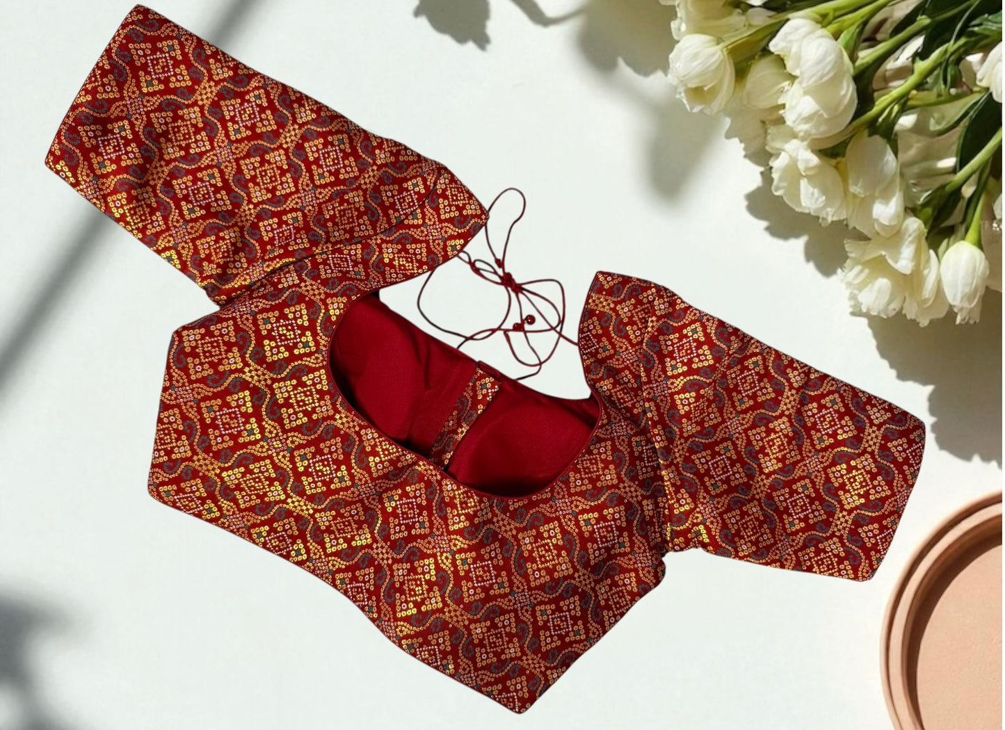 Maroon sequin elbow-sleeve blouse