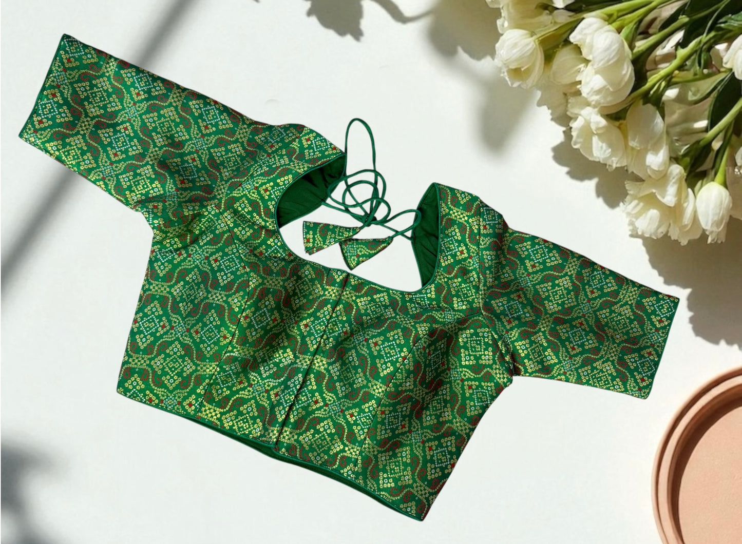 Green sequin elbow-sleeve blouse