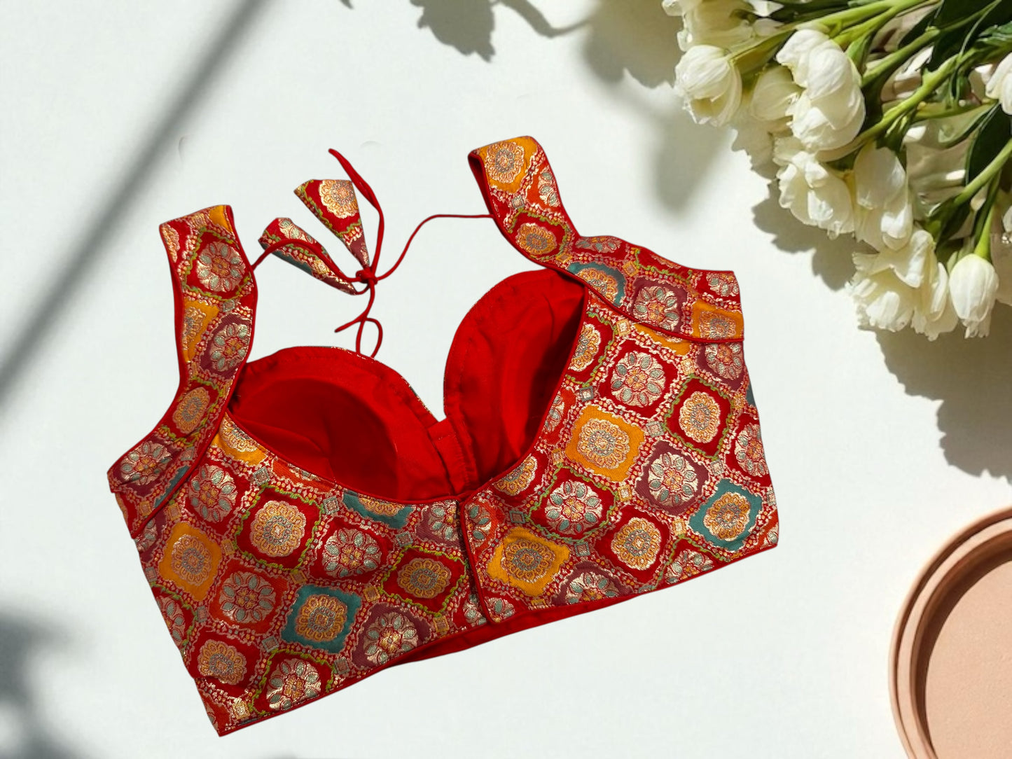 Red multicolor with sequin lace blouse
