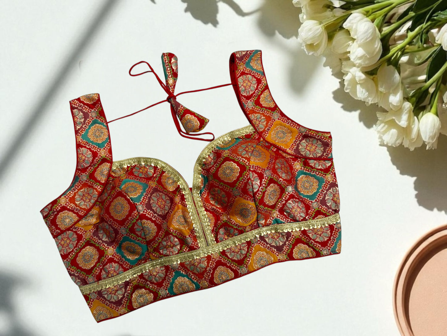Red multicolor with sequin lace blouse