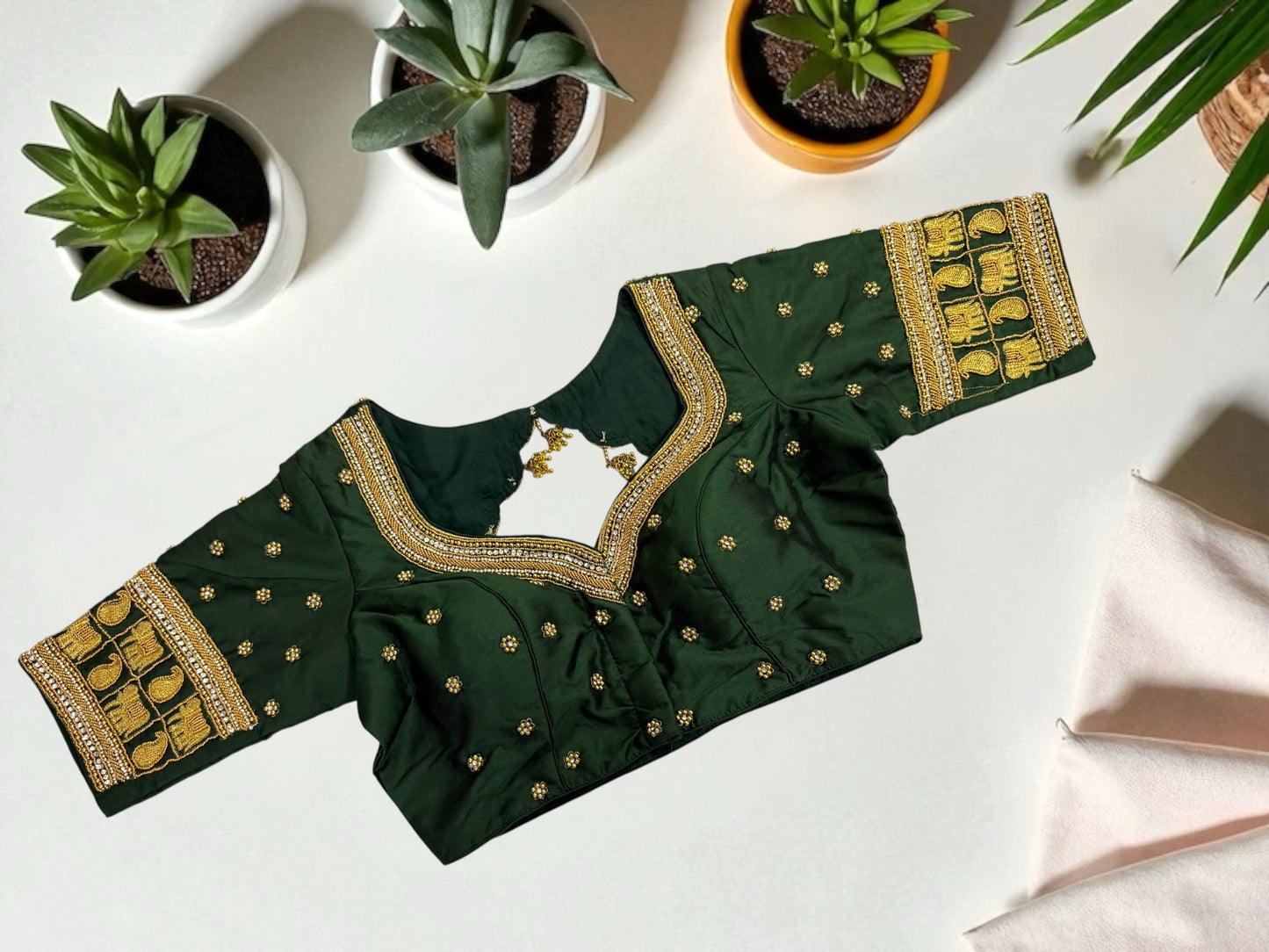 Bottle green hand-crafted silk maggam blouse