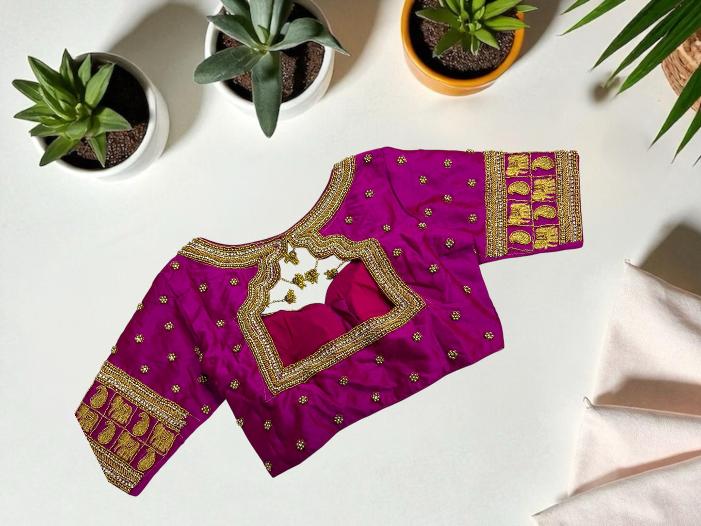 Purple hand-crafted silk maggam blouse
