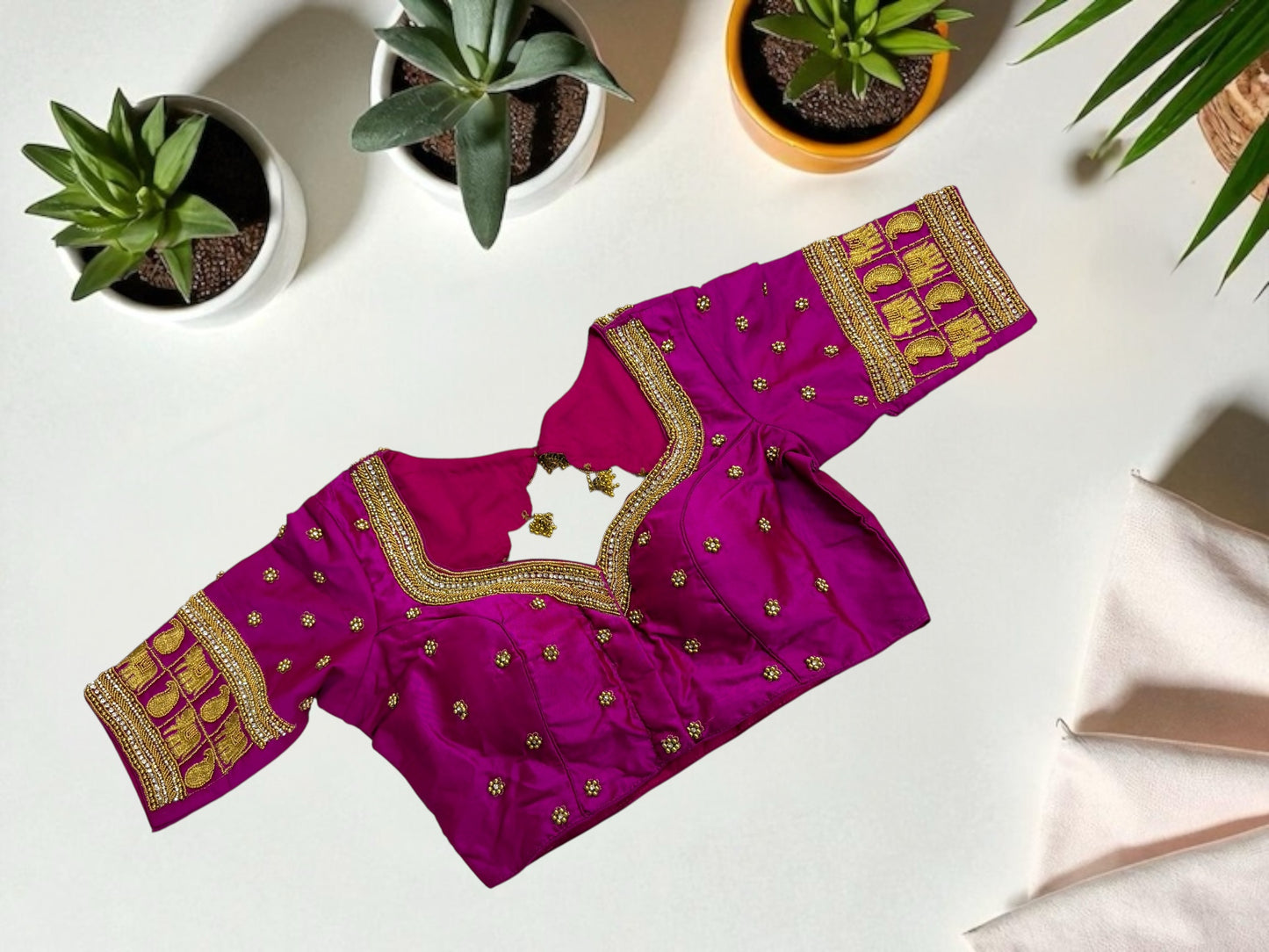 Purple hand-crafted silk maggam blouse
