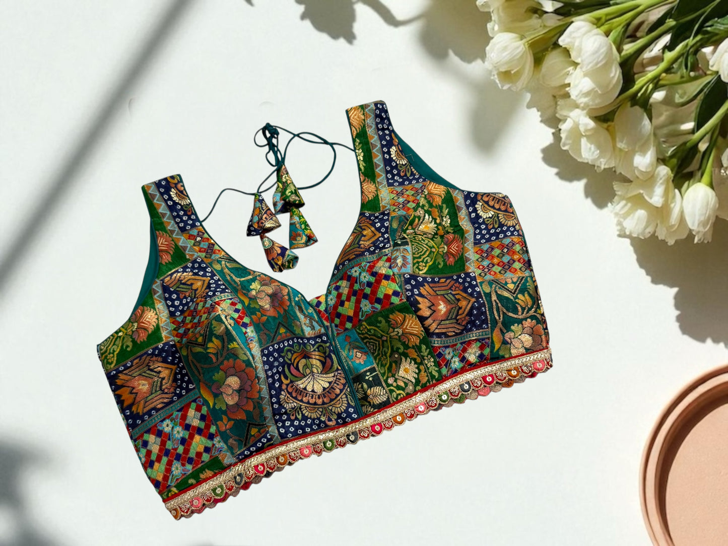 Turquoise blue multicolor banarasi blouse