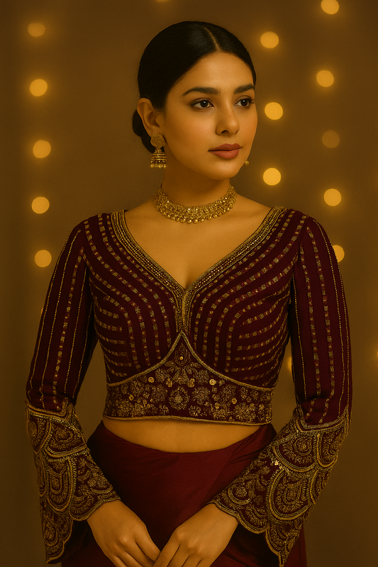 Dark violet hand-crafted georgette maggam blouse