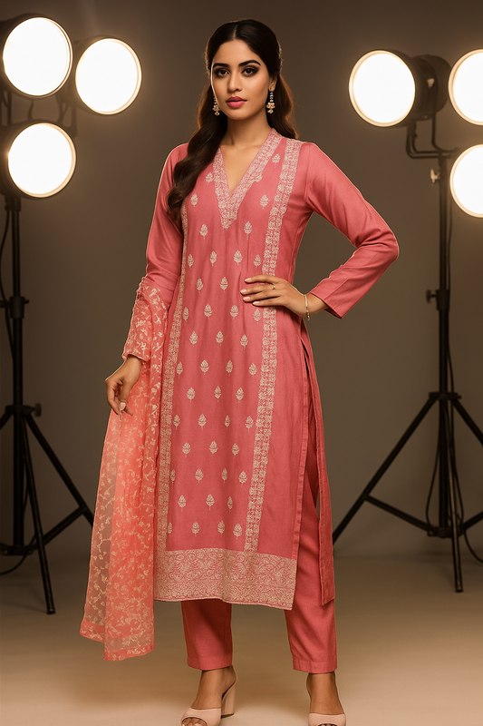 Onion Pink Semi Crepe Stitched Salwar Suit