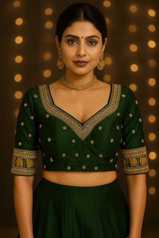 Bottle green hand-crafted silk maggam blouse
