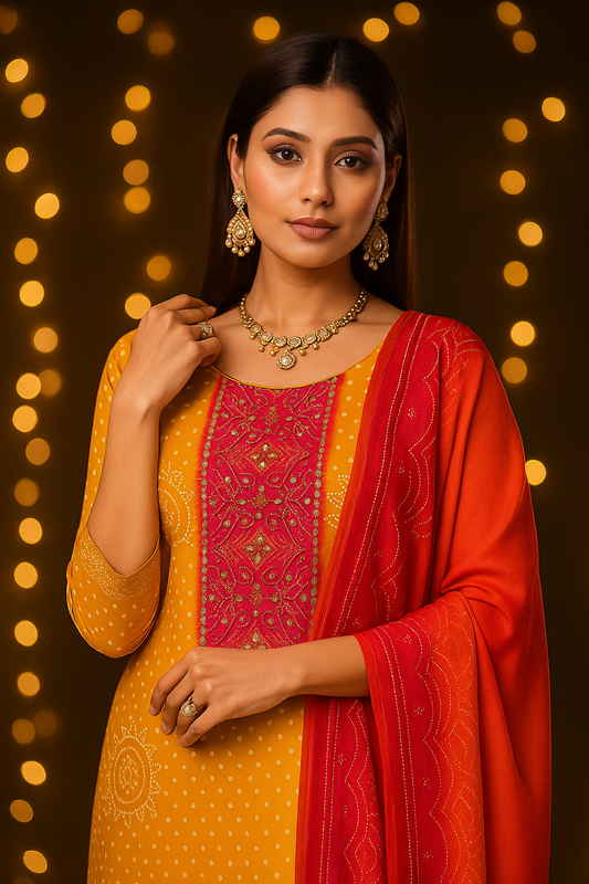 Yellow-Pink Silk Stitched Salwar Suit