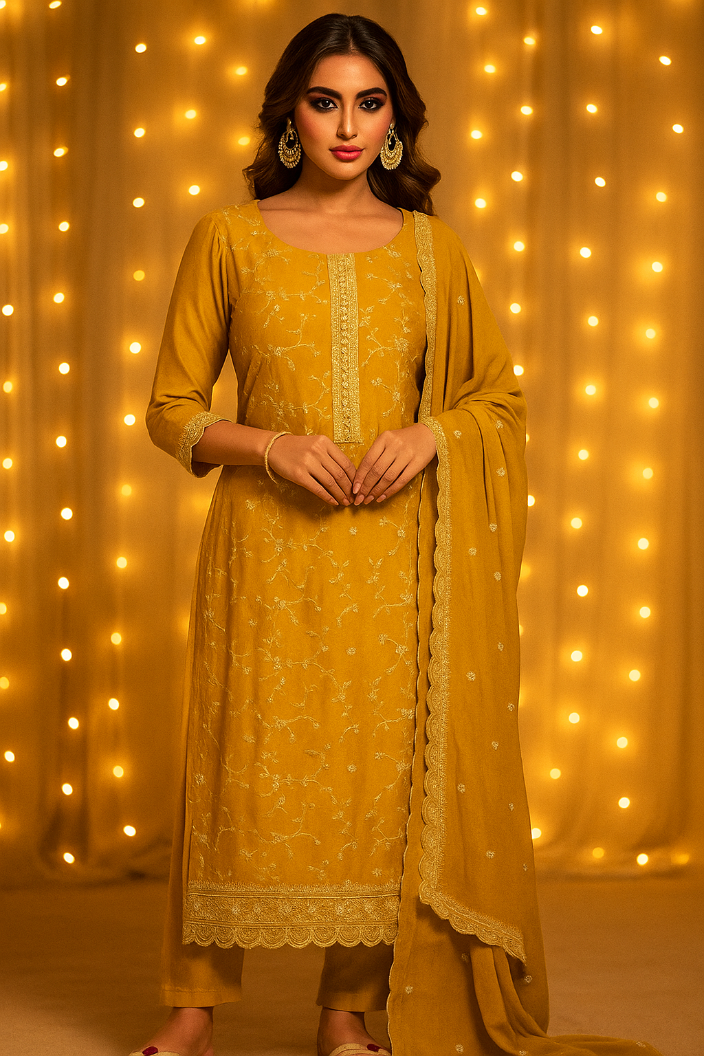 Mustard Yellow Silk Stitched Salwar Suit