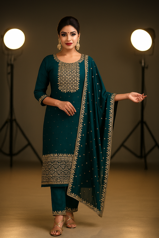 Peacock Green Silk Stitched Salwar Suit