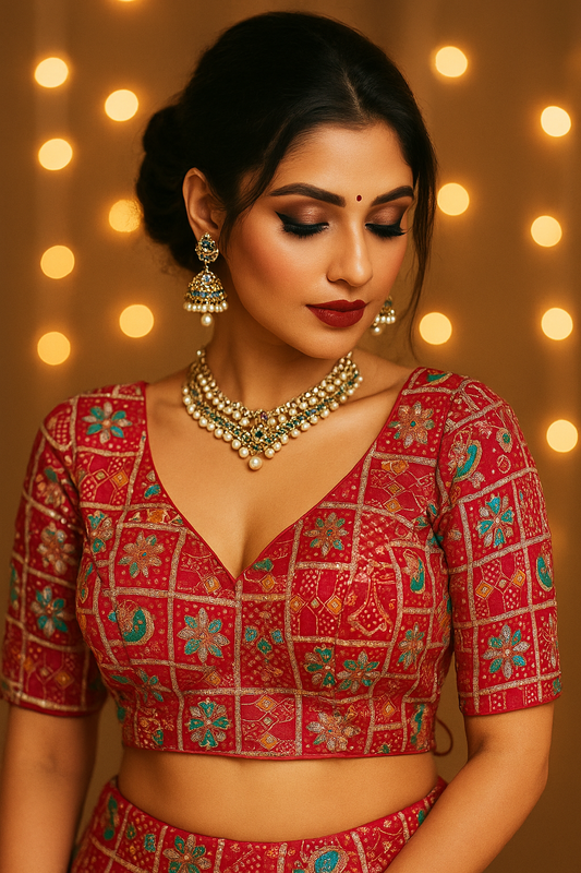 Red quarter-sleeve festive blouse