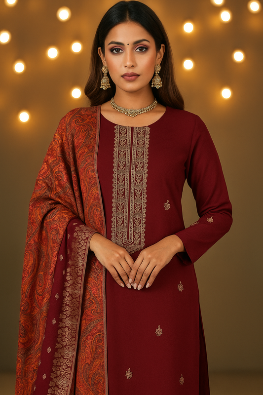 Maroon Dola Silk Unstitched Salwar Suit