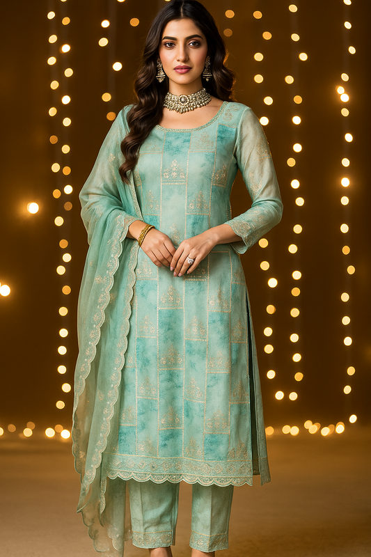 Sea green Organza Unstitched Salwar Suit