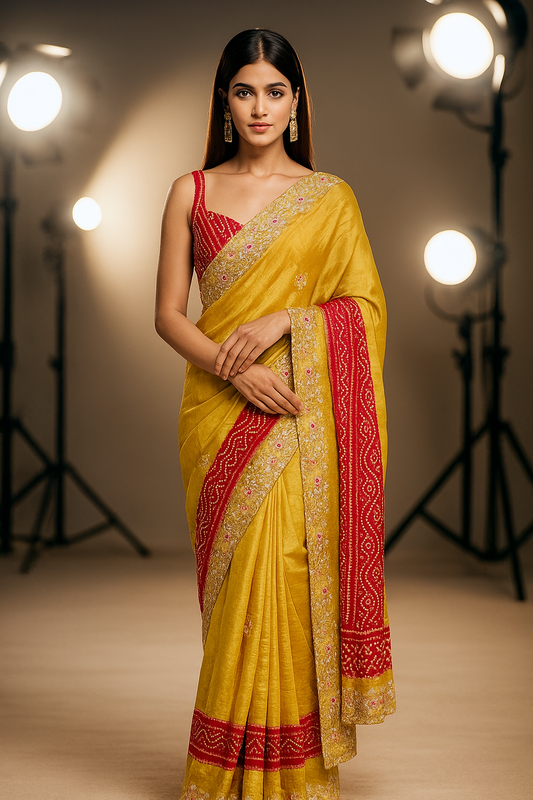 Mustard and Red Tissue Silk Saree