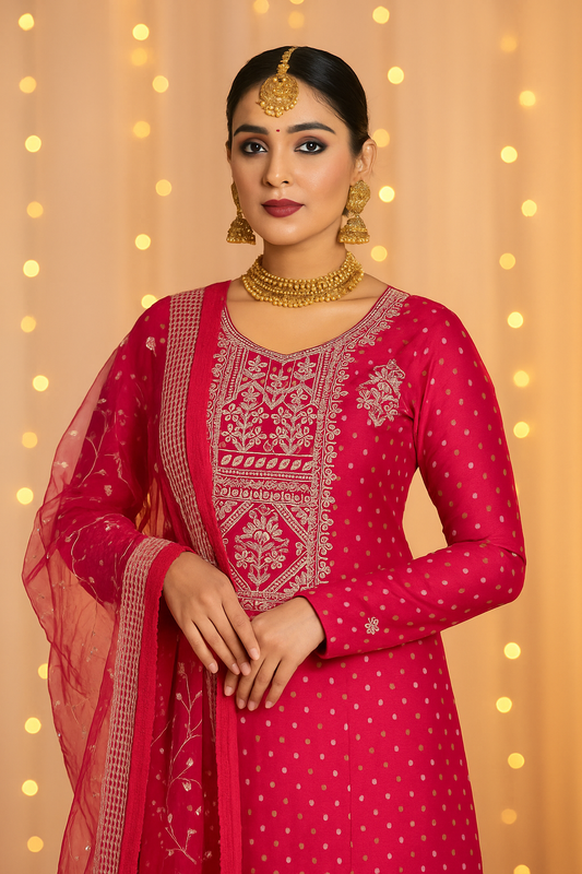 Rani Pink Chanderi Silk Unstitched Salwar Suit