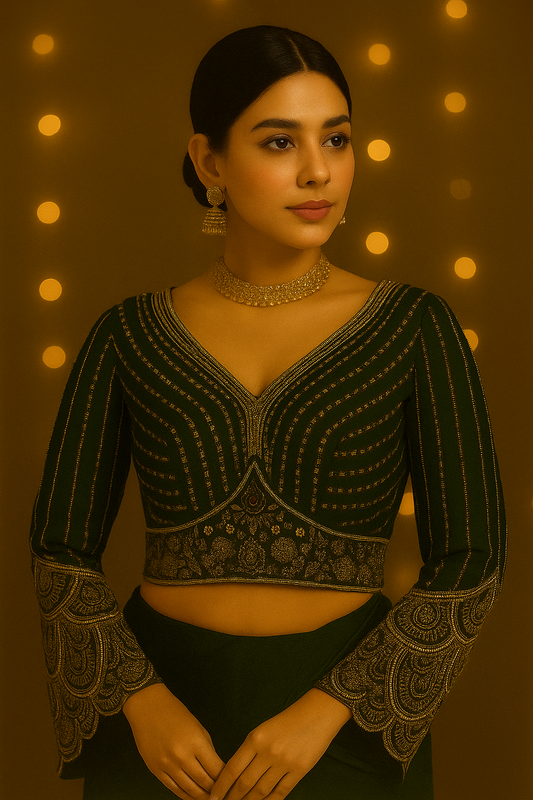 Bottle green hand-crafted georgette maggam blouse