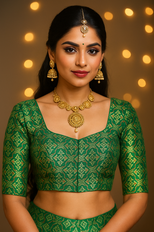 Green sequin elbow-sleeve blouse