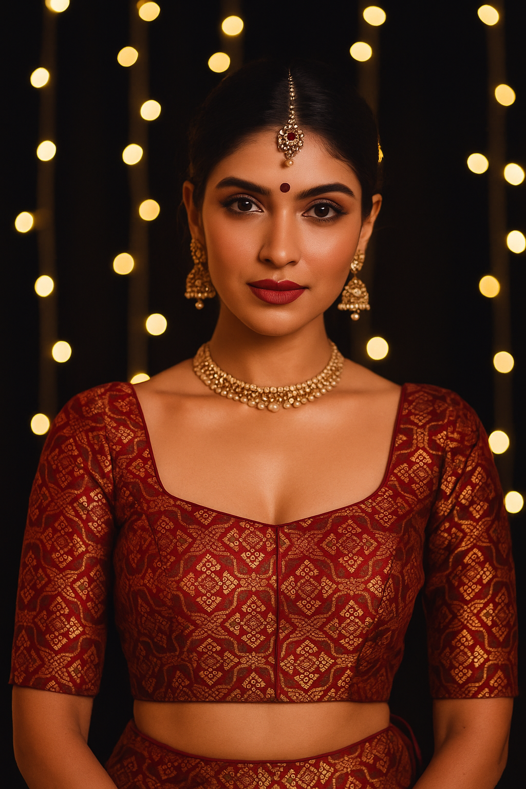 Maroon sequin elbow-sleeve blouse