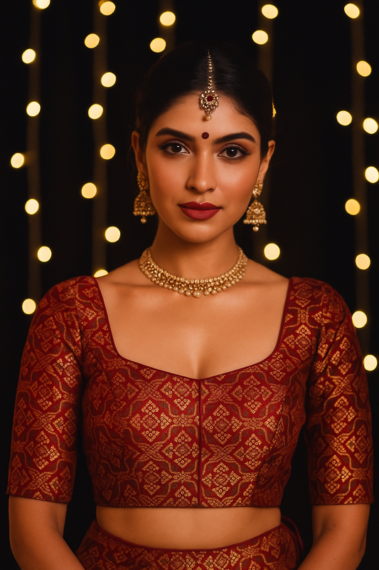 Maroon sequin elbow-sleeve blouse
