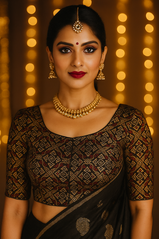 Black raw silk sleeved blouse