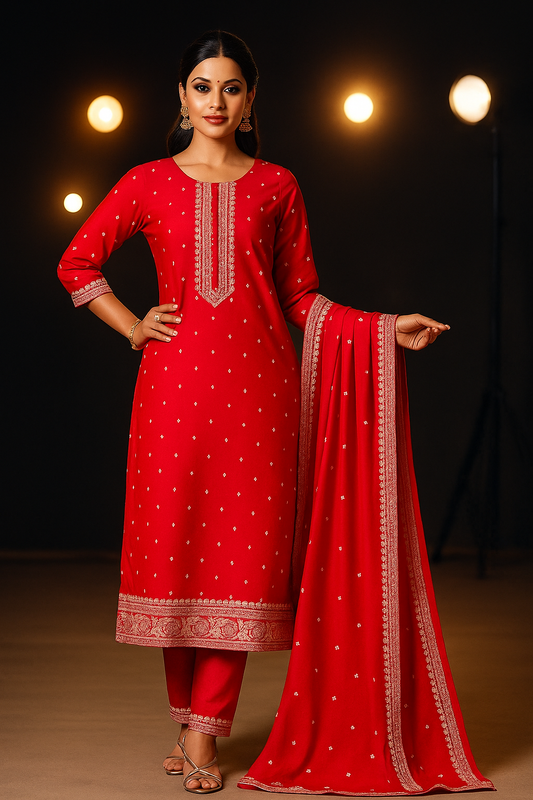 Red Semi Crepe Stitched Salwar Suit
