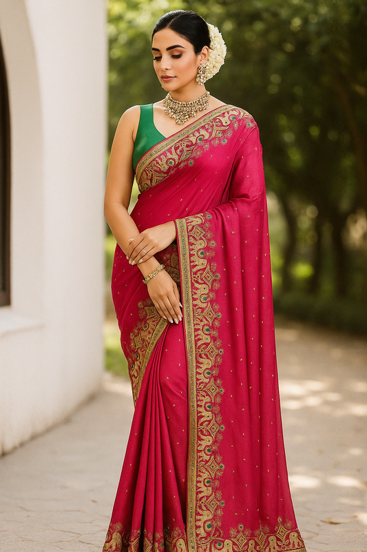 Rani Pink Silk Saree with embroidered border