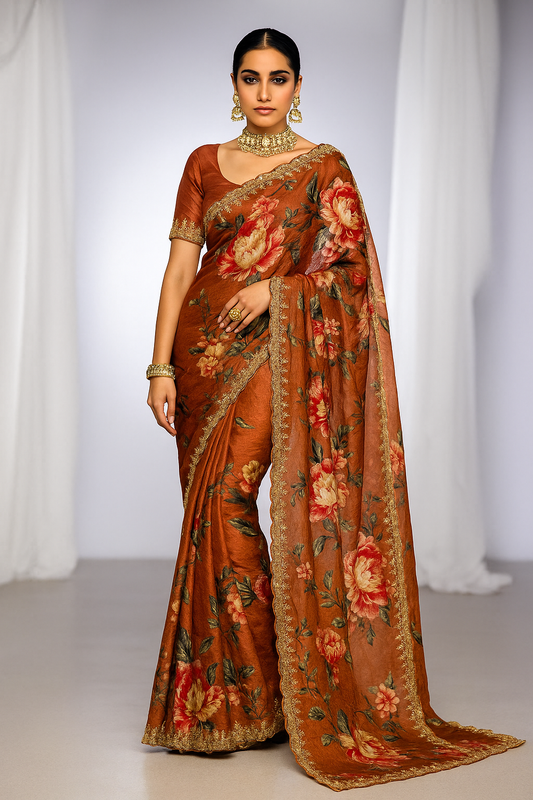 Rust Chiffon Silk Saree