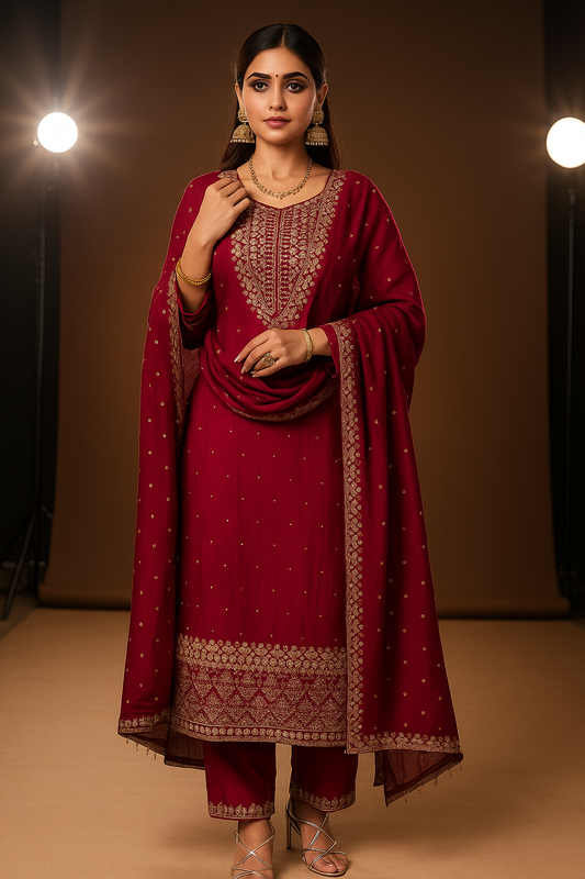 Maroon Silk Stitched Salwar Suit