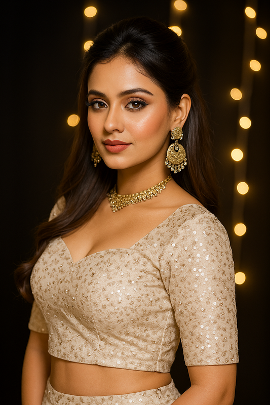 Beige sequin elbow-sleeve blouse