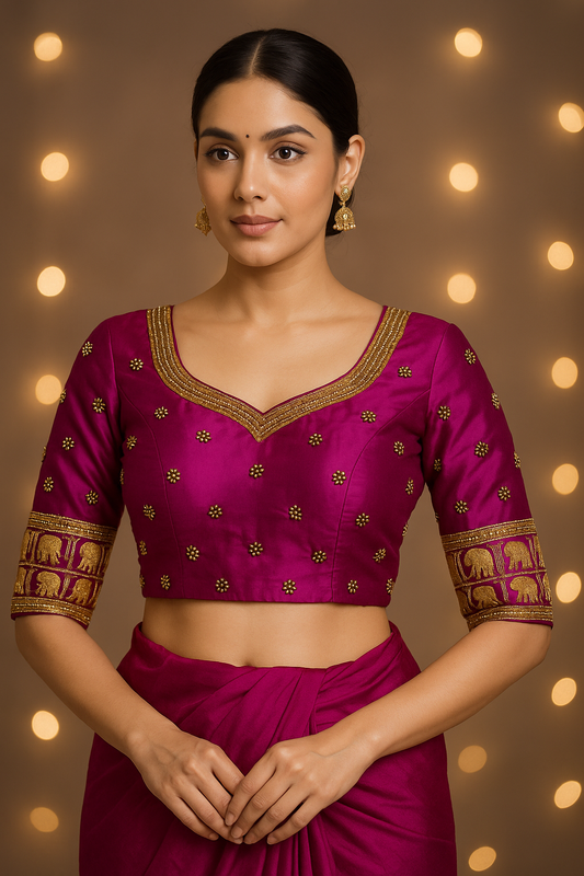 Purple hand-crafted silk maggam blouse