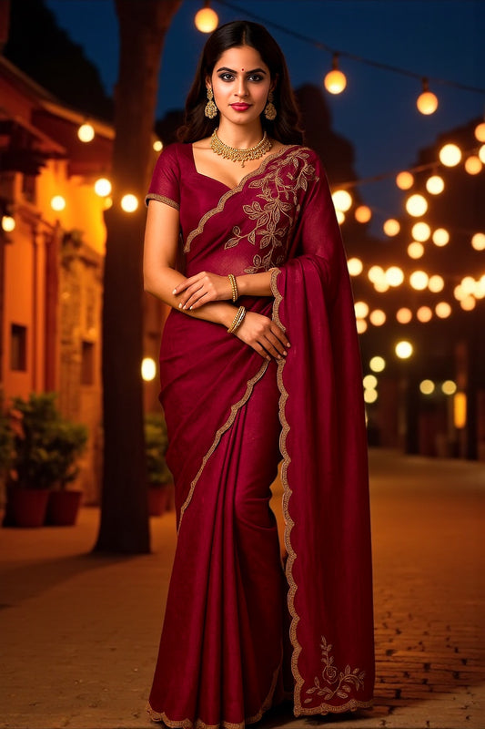 Wine Georgette Saree with golden stone work