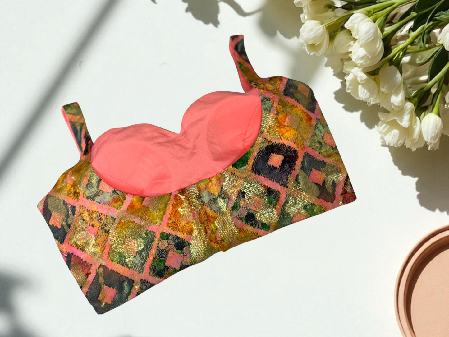 Pink multicolor diamond-print blouse