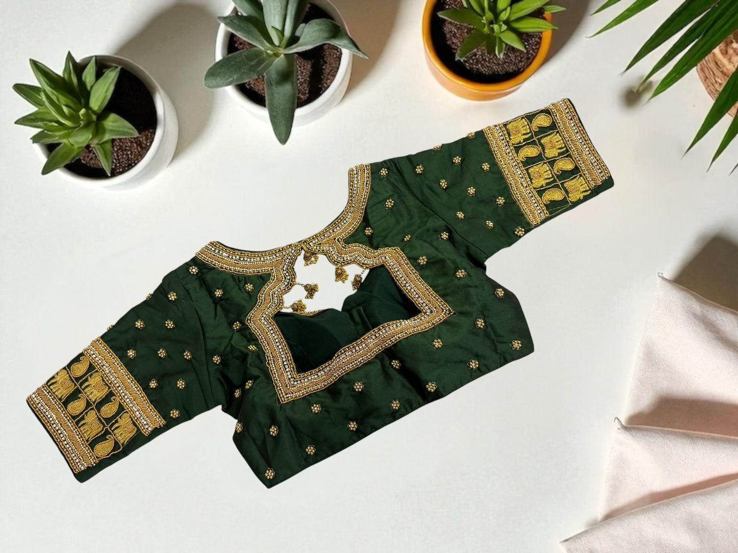 Bottle green hand-crafted silk maggam blouse