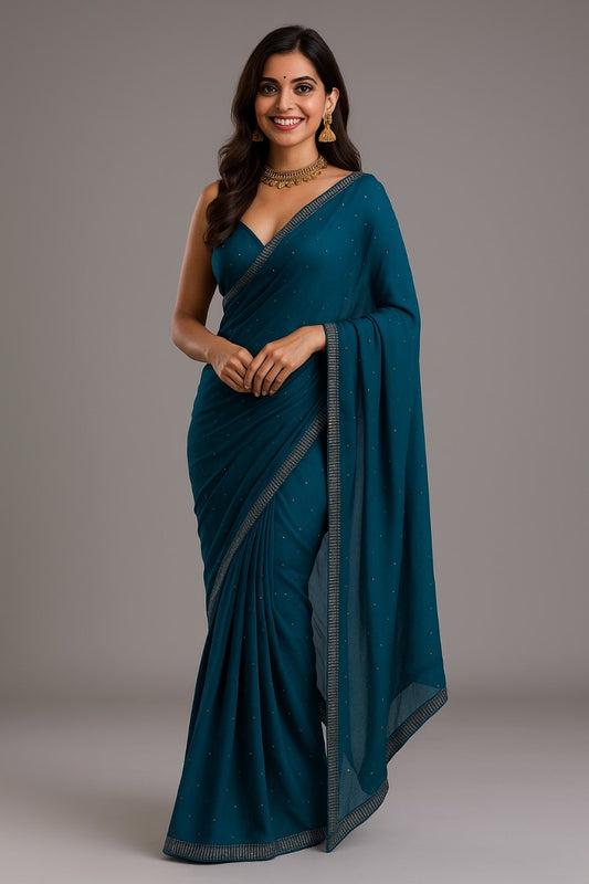 Peacock Blue Semi Crepe Saree